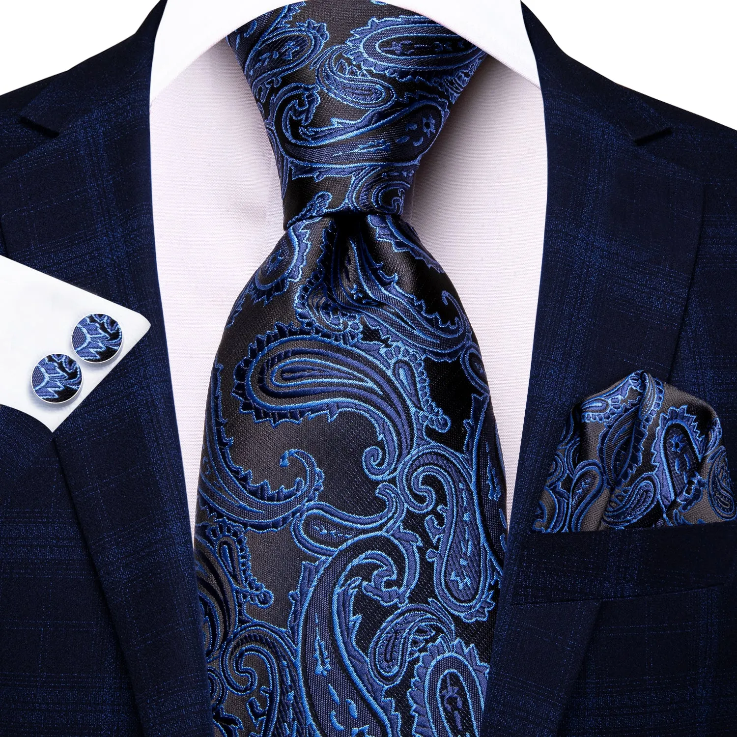 Hi-Tie Necktie Blue Black Paisley Mens Tie Pocket Square Cufflinks Set