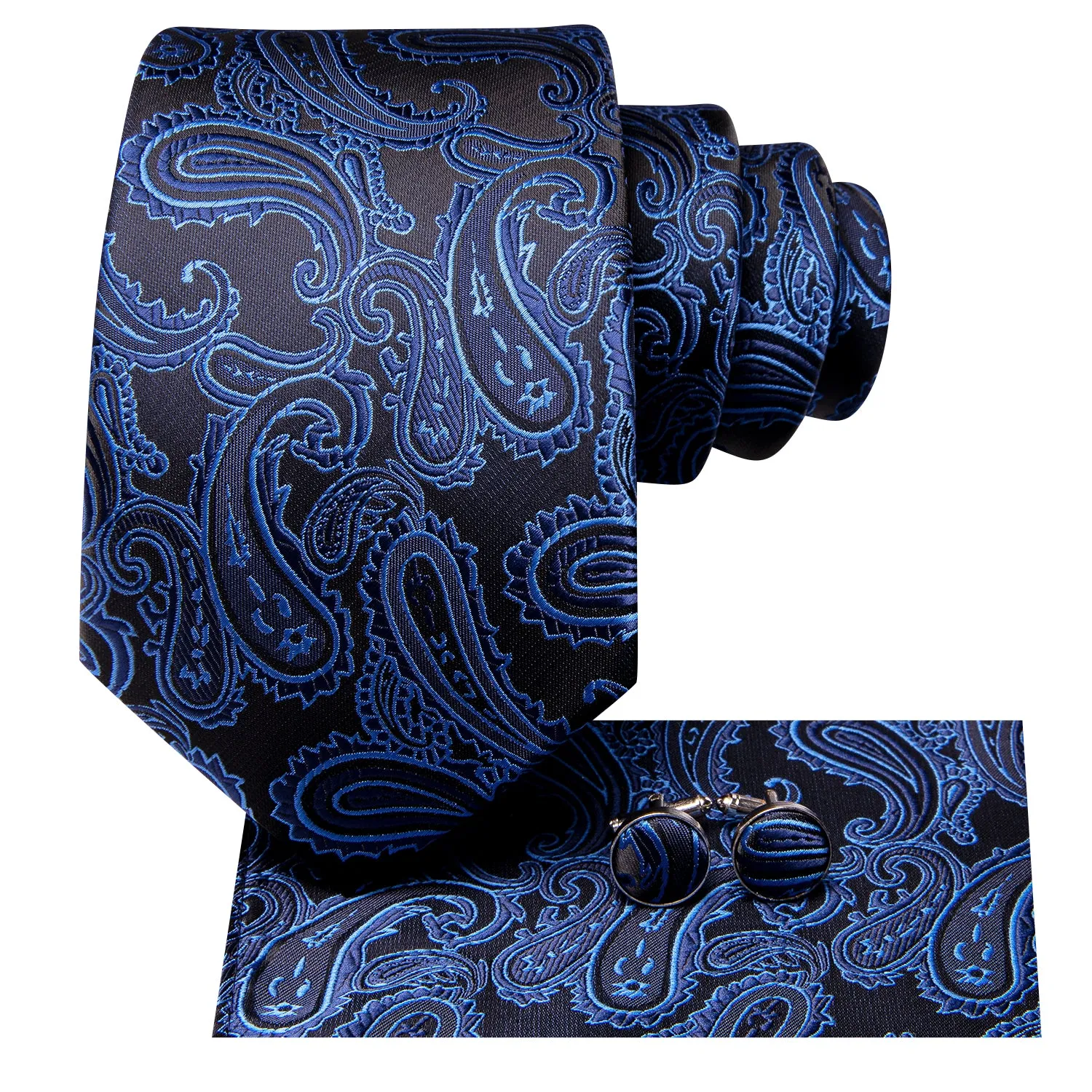 Hi-Tie Necktie Blue Black Paisley Mens Tie Pocket Square Cufflinks Set