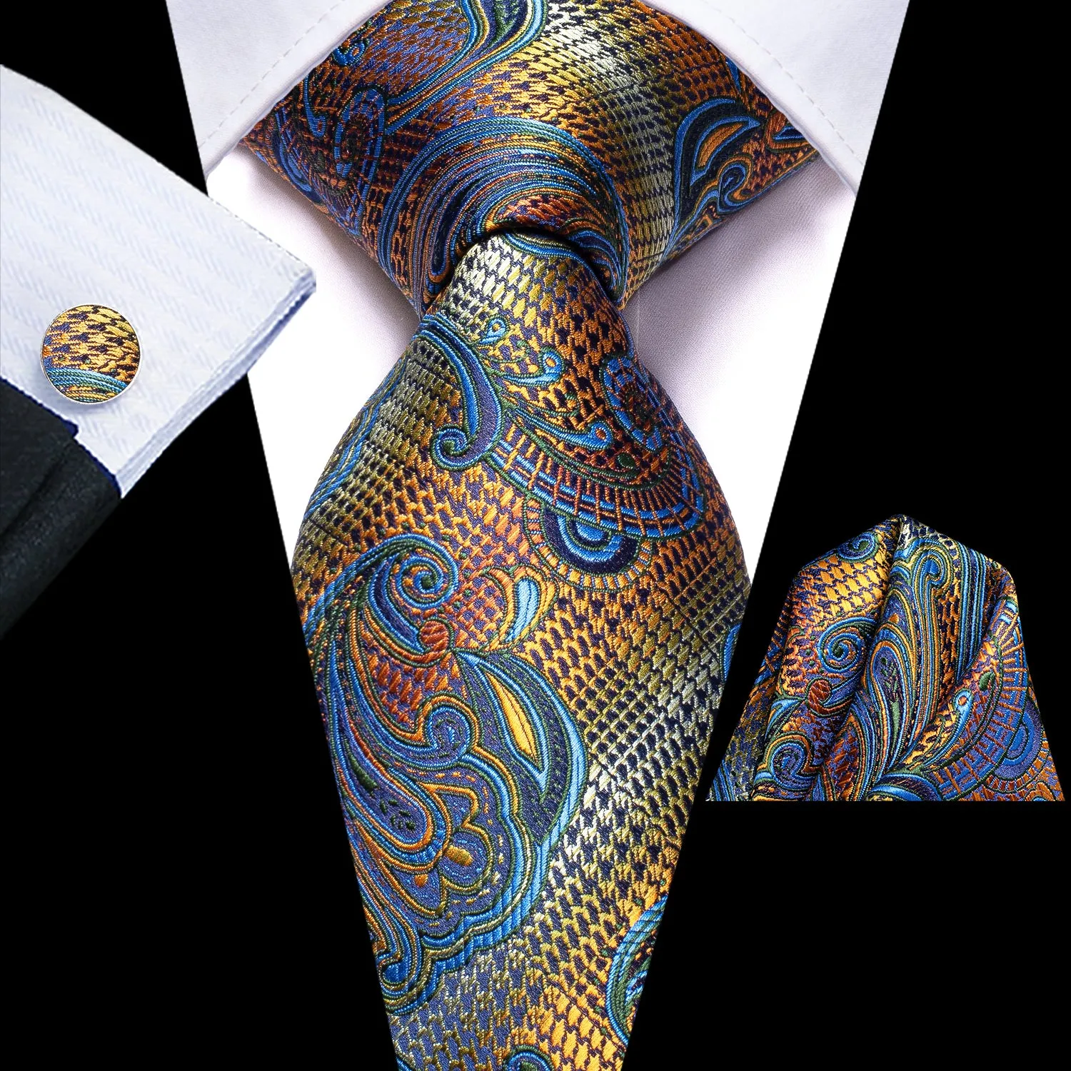 Hi-Tie Necktie Golden Blue Sawtooth Tie Pocket Square Cufflinks Set