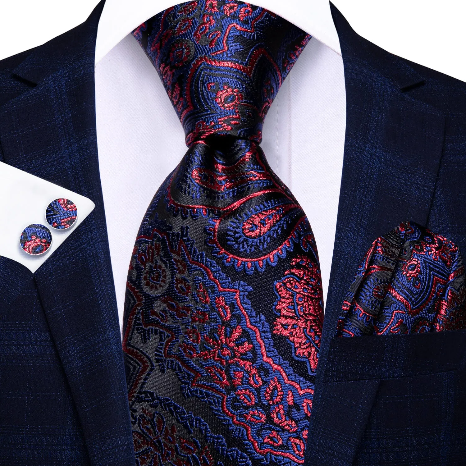 Hi-Tie Paisley Tie Blue Red Silk Necktie for Men