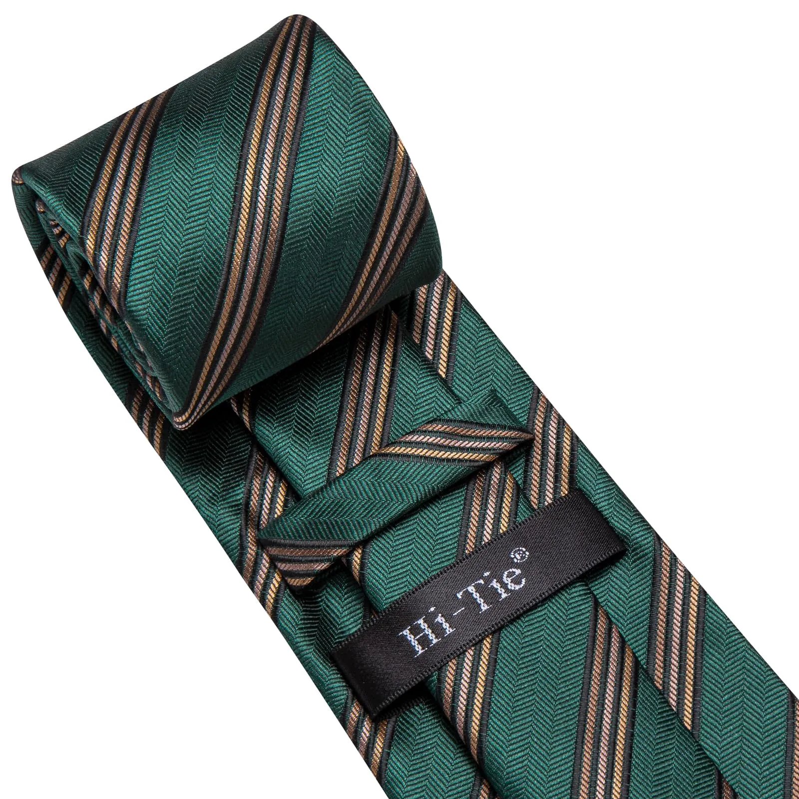 Hi-Tie Phthalo Green Striped Silk Mens Tie Handkerchief Cufflinks Set