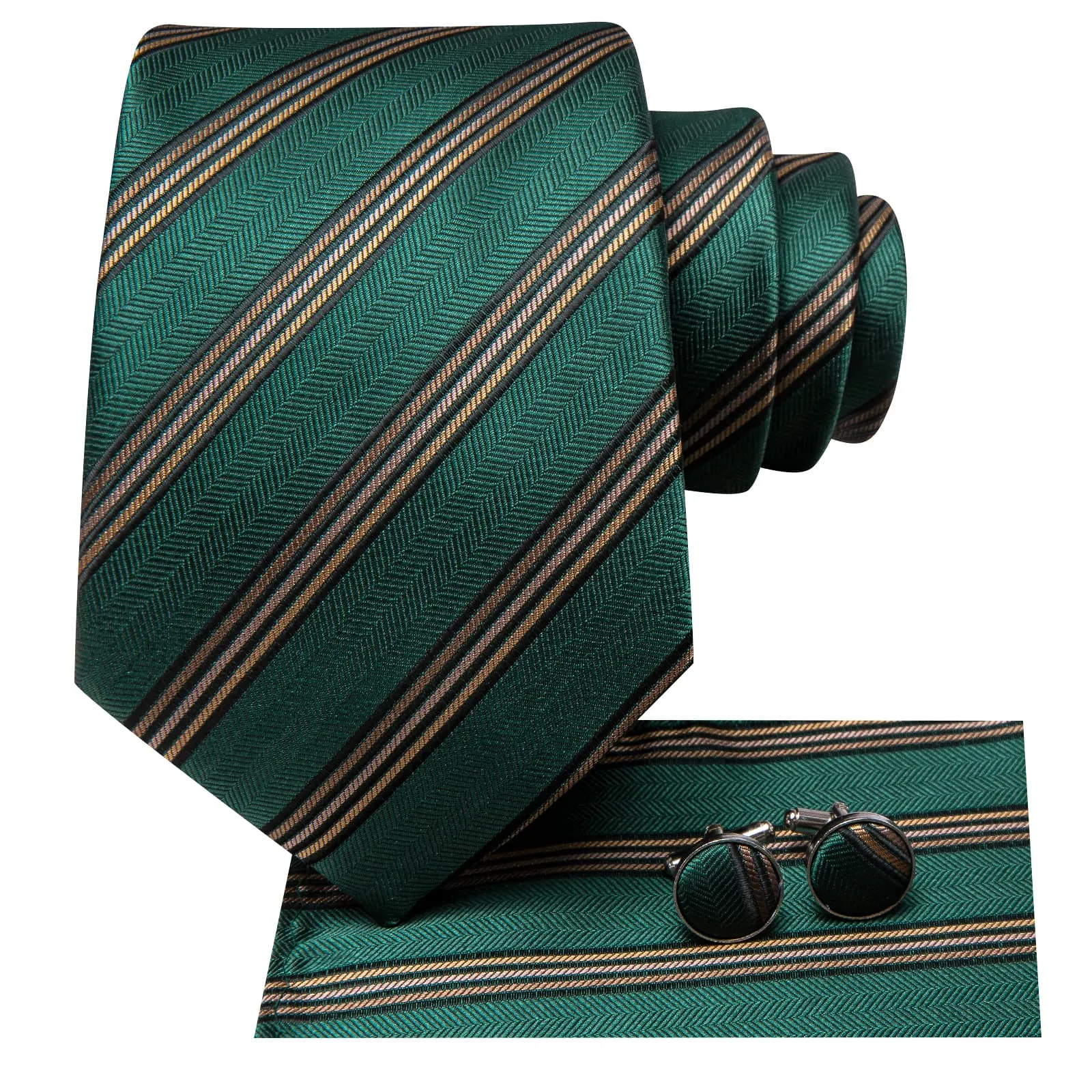 Hi-Tie Phthalo Green Striped Silk Mens Tie Handkerchief Cufflinks Set