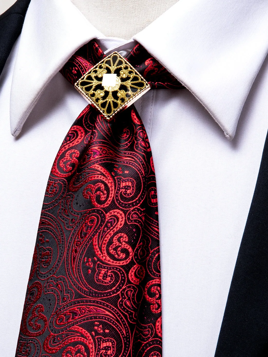 Hi-Tie Red Necktie Paisley Poirot Tie Ring Pocket Square Cufflinks Set