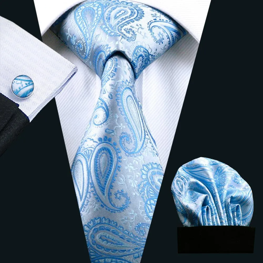 Hi-Tie Sky-blue Paisley Silk Men's Tie Pocket Square Cufflinks Set