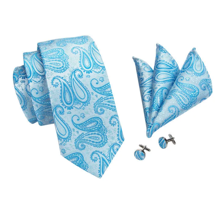 Hi-Tie Sky-blue Paisley Silk Men's Tie Pocket Square Cufflinks Set