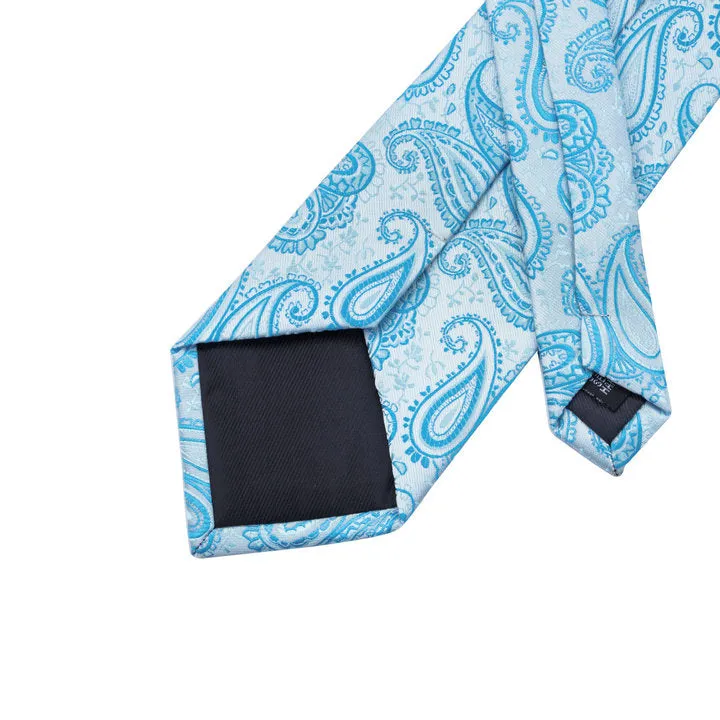 Hi-Tie Sky-blue Paisley Silk Men's Tie Pocket Square Cufflinks Set