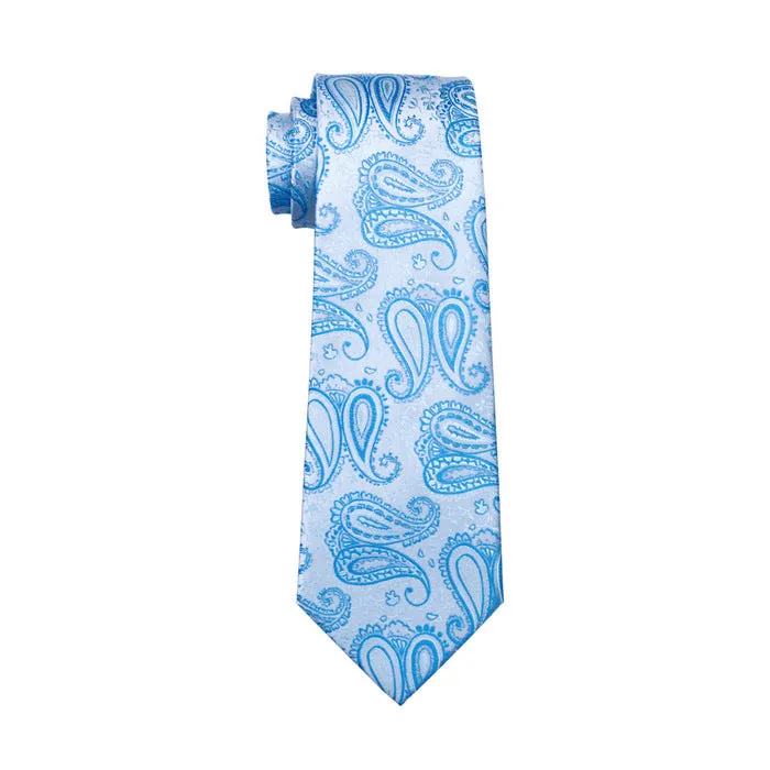 Hi-Tie Sky-blue Paisley Silk Men's Tie Pocket Square Cufflinks Set