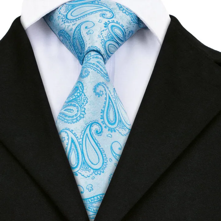 Hi-Tie Sky-blue Paisley Silk Men's Tie Pocket Square Cufflinks Set