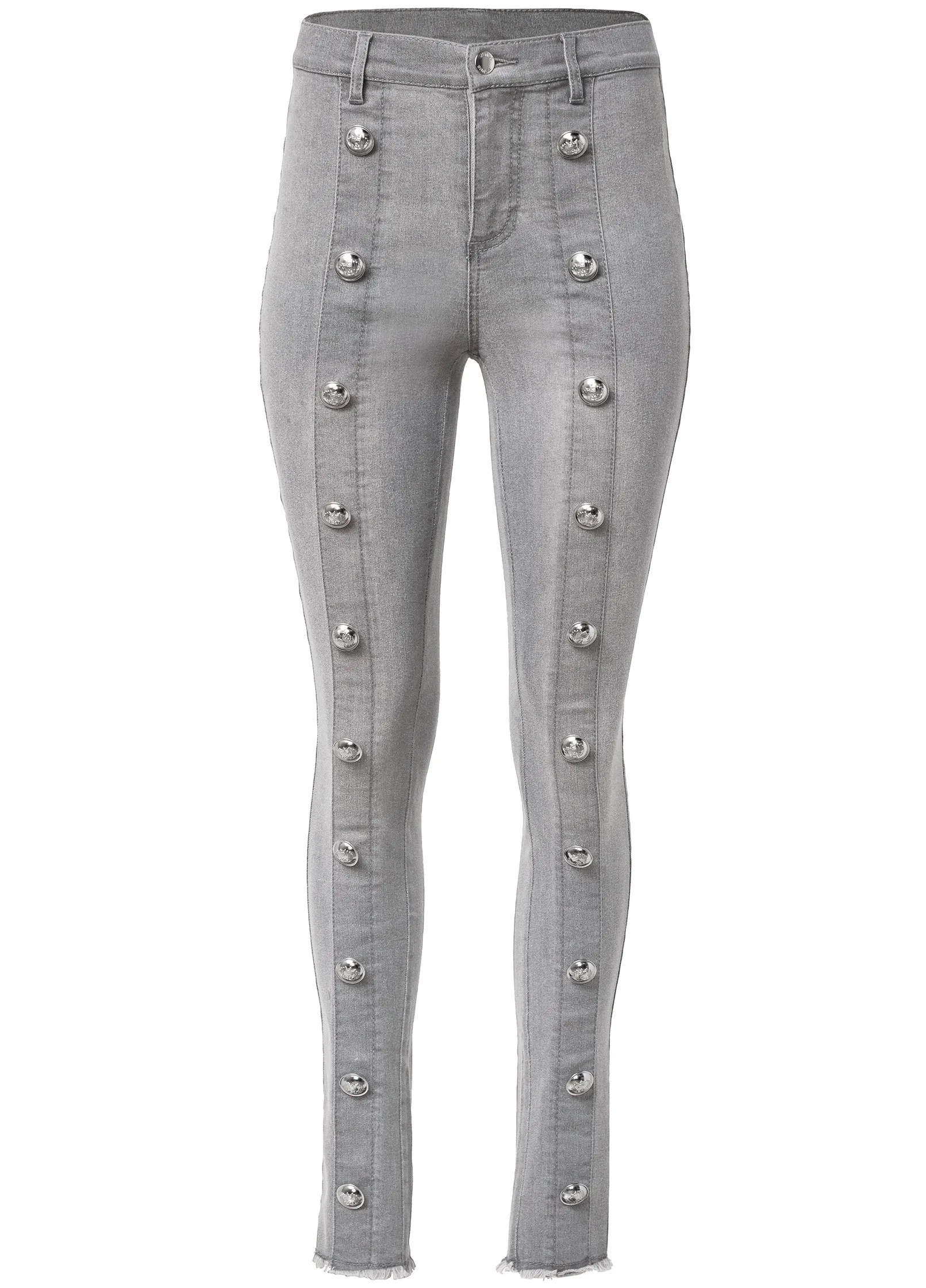 High Rise Button Detail Skinny Jeans - Grey Denim