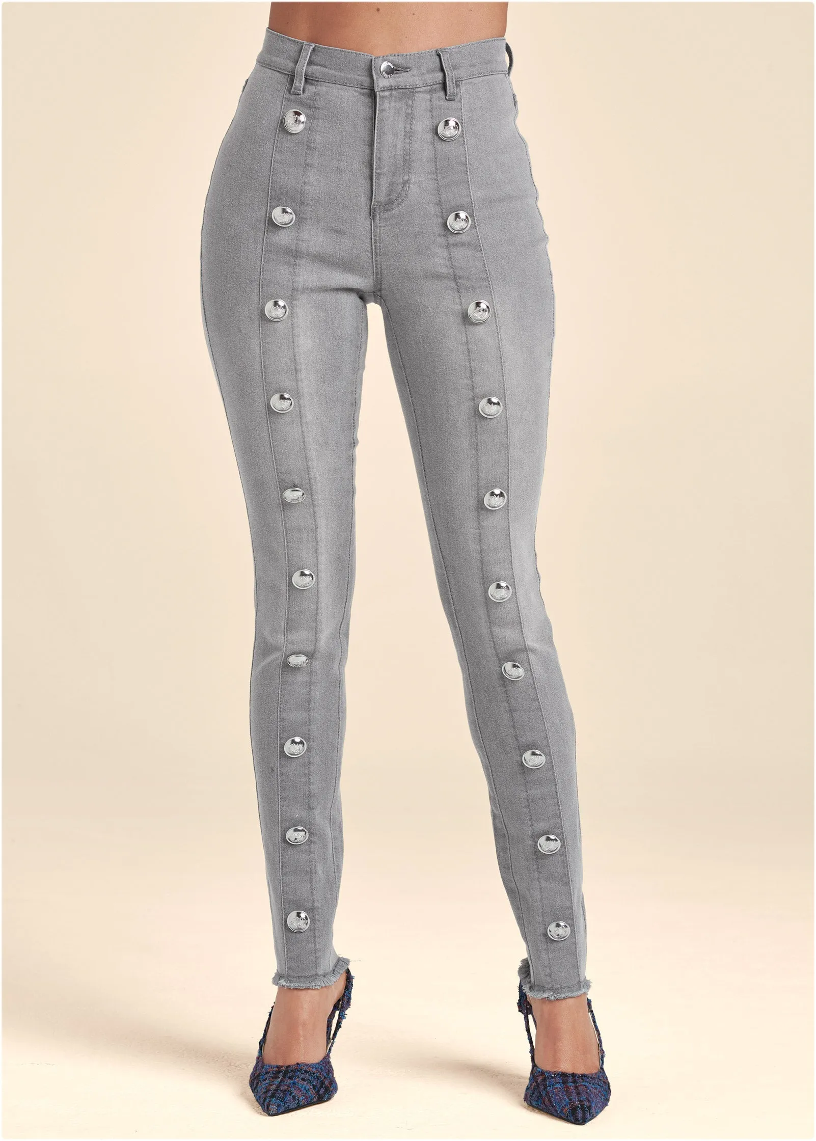 High Rise Button Detail Skinny Jeans - Grey Denim