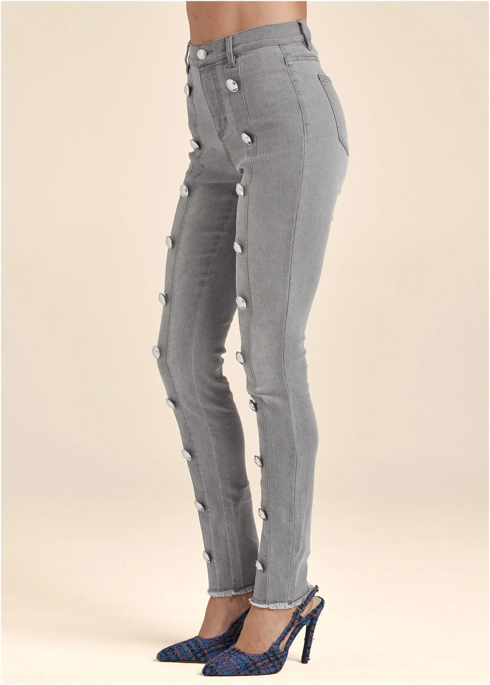 High Rise Button Detail Skinny Jeans - Grey Denim