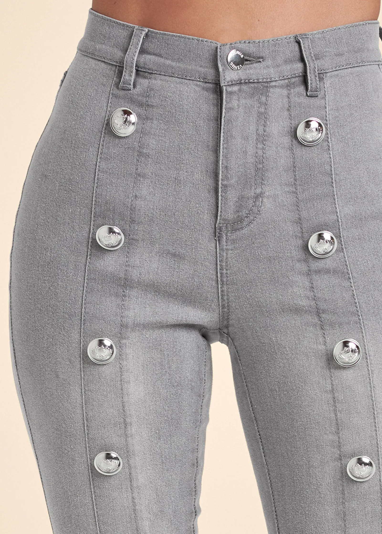 High Rise Button Detail Skinny Jeans - Grey Denim