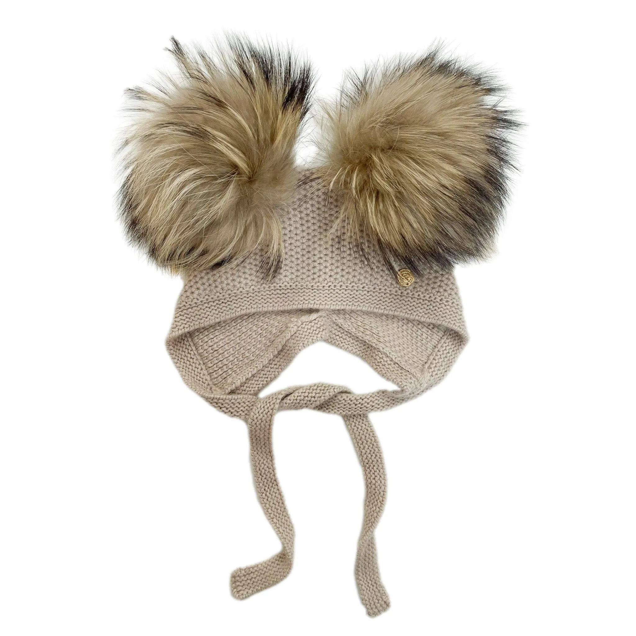 Honeycomb Beige Cashmere Bonnet with Beige Poms