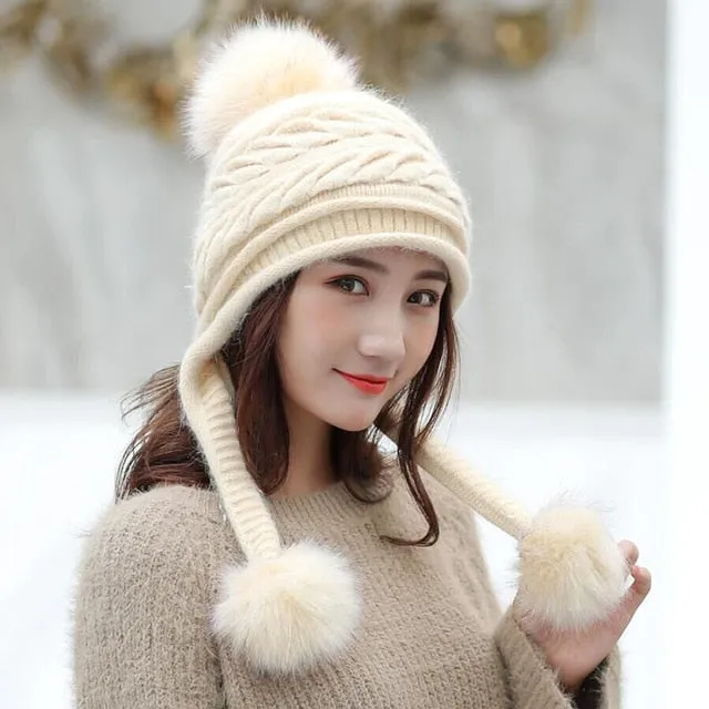 Hot Ski Girl Big Fur Pom Pom Ball Casual Warm Knitted Winter Beanie