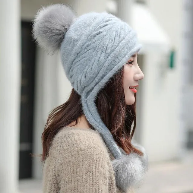 Hot Ski Girl Big Fur Pom Pom Ball Casual Warm Knitted Winter Beanie