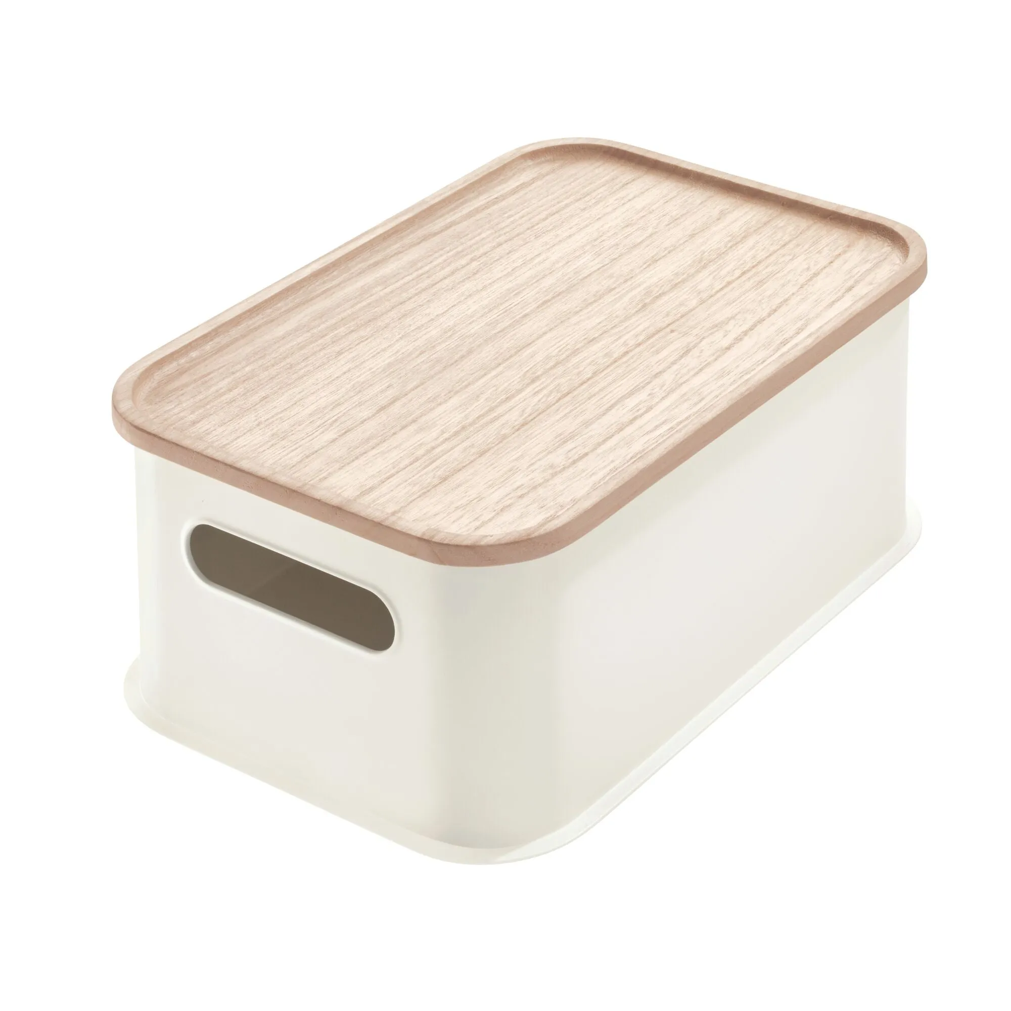 iDesign Plastic Medium Lidded Storage Bin with Handles, Wood/Coconut