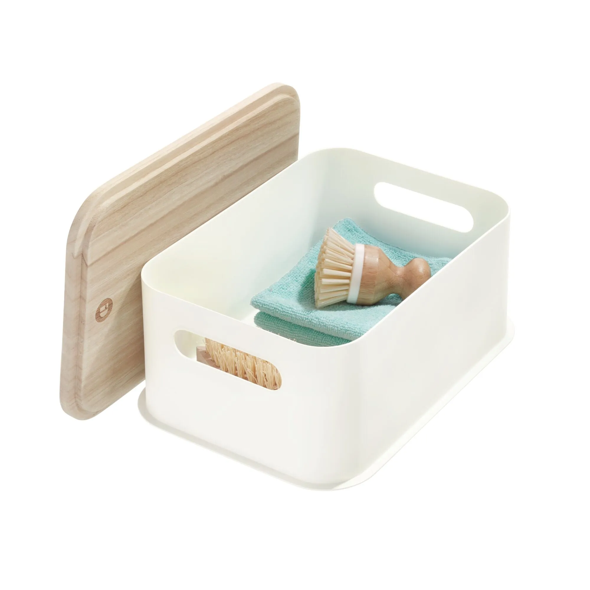 iDesign Plastic Medium Lidded Storage Bin with Handles, Wood/Coconut