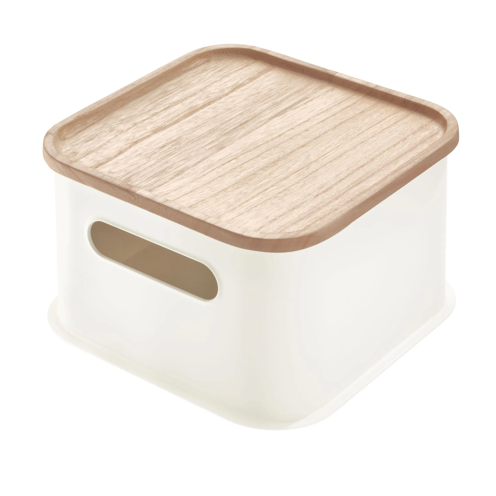 iDesign Plastic Medium Lidded Storage Bin with Handles, Wood/Coconut