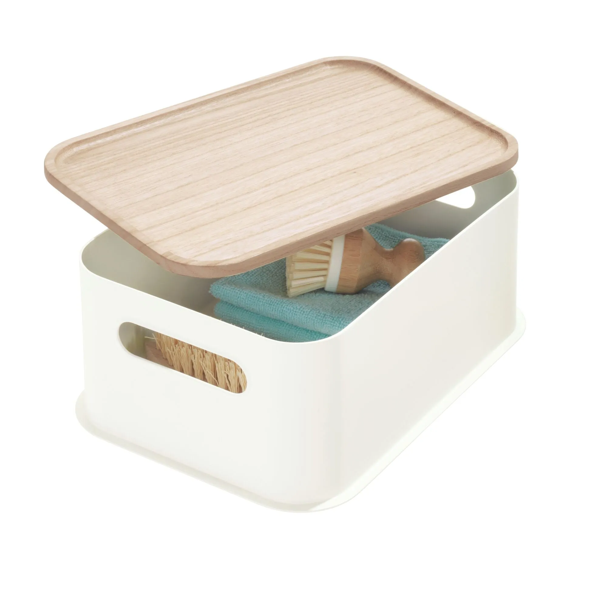 iDesign Plastic Medium Lidded Storage Bin with Handles, Wood/Coconut