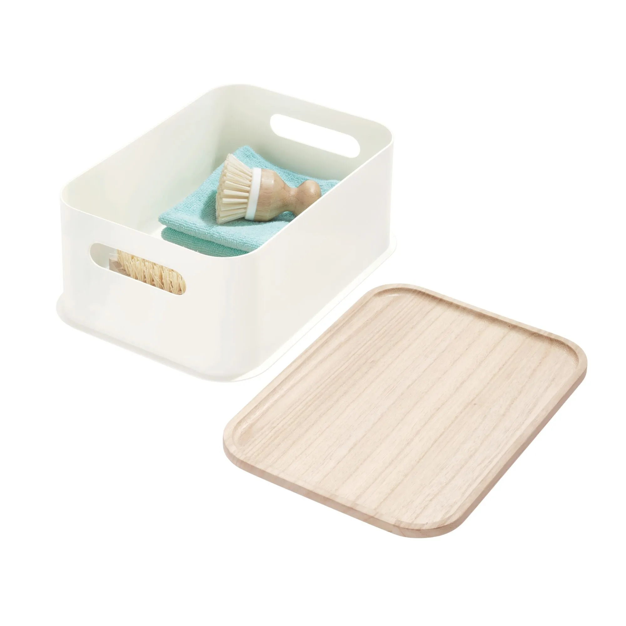 iDesign Plastic Medium Lidded Storage Bin with Handles, Wood/Coconut