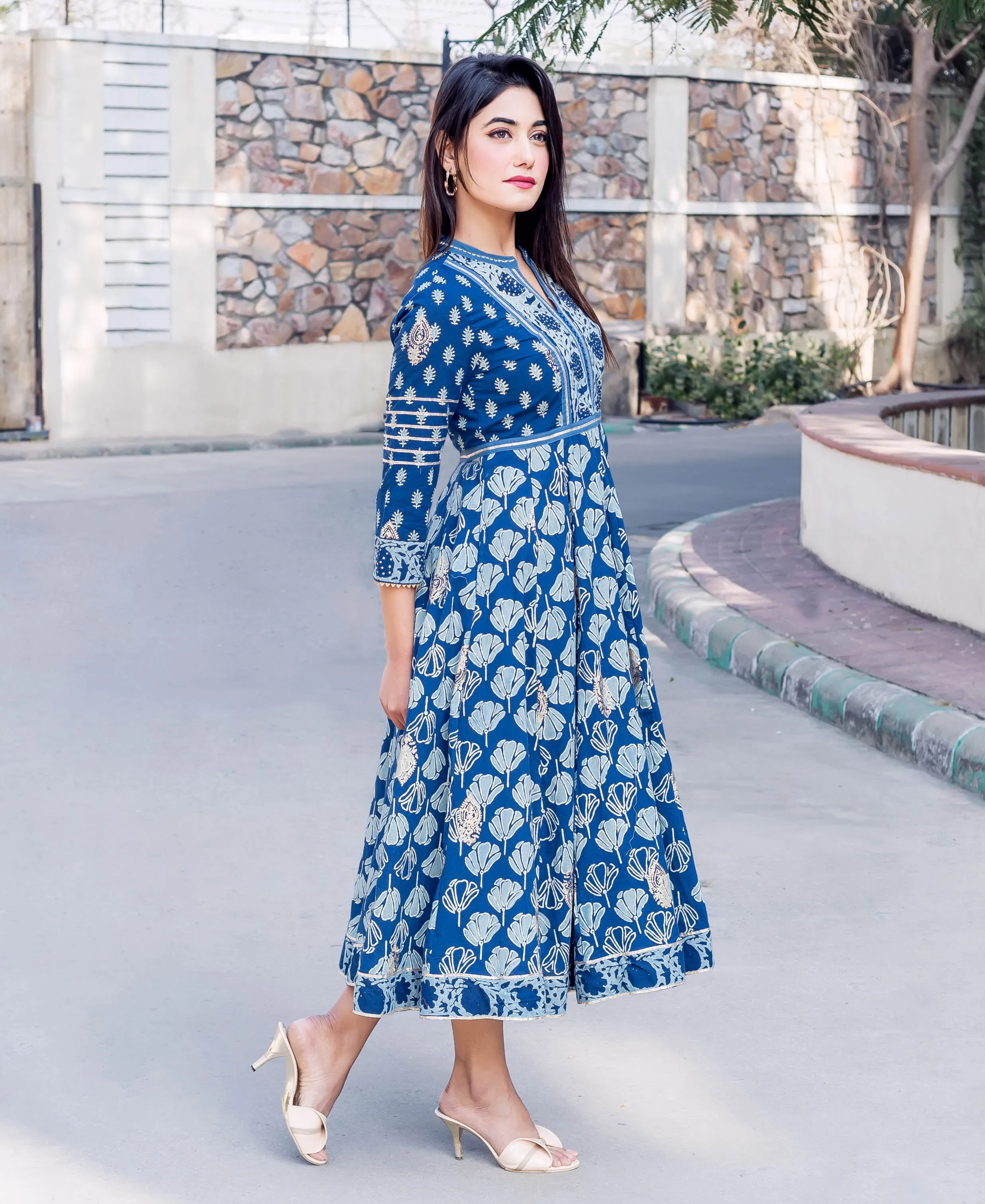 Indigo and Gold Printed Embroidered Flared Dress with Gotta Trims