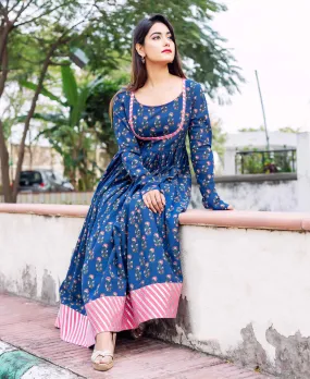 Indigo and Pink Long Flared Dress with Churidaar Sleeves