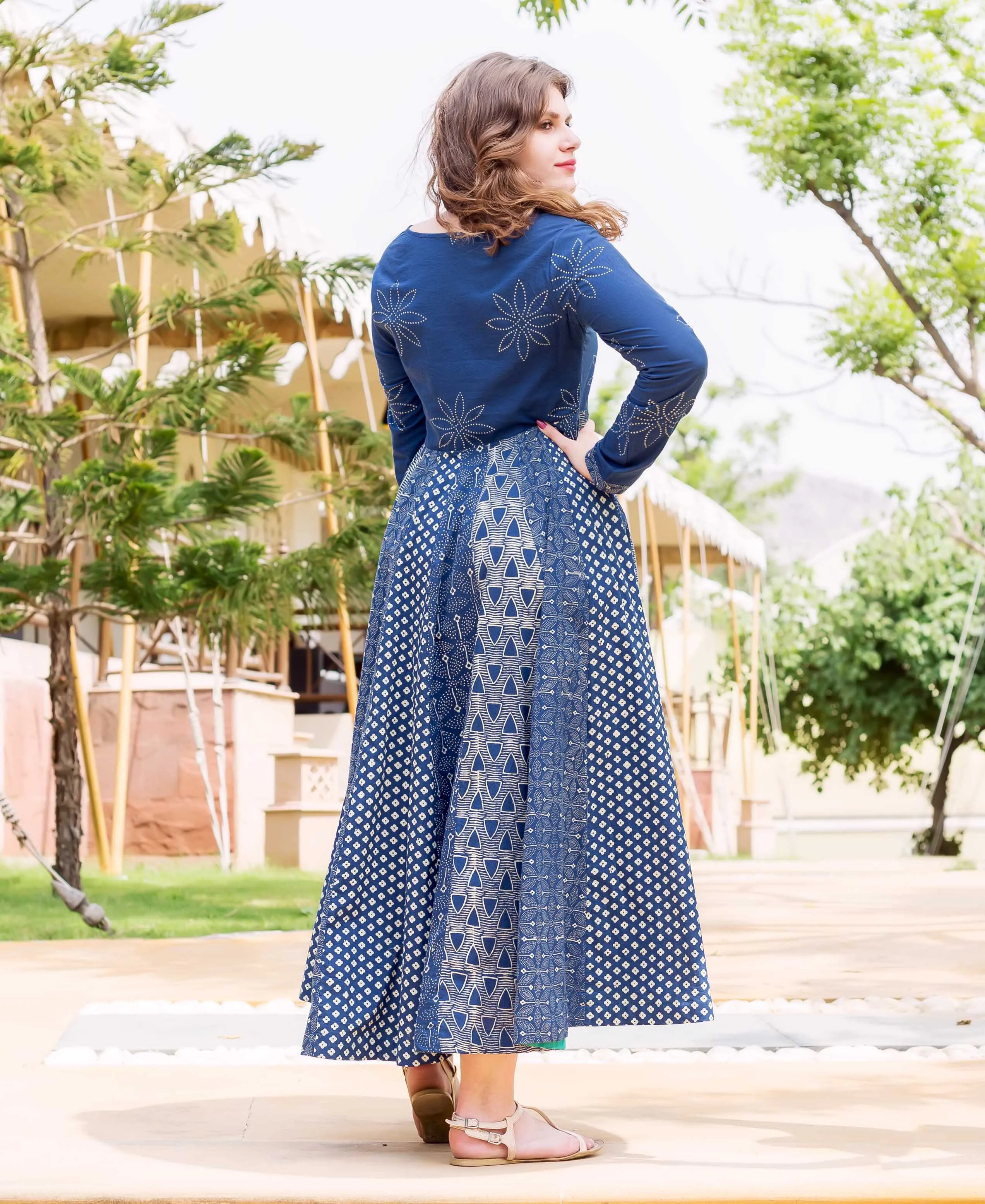 Indigo and WhiteHand Block Printed Flared Long Dress