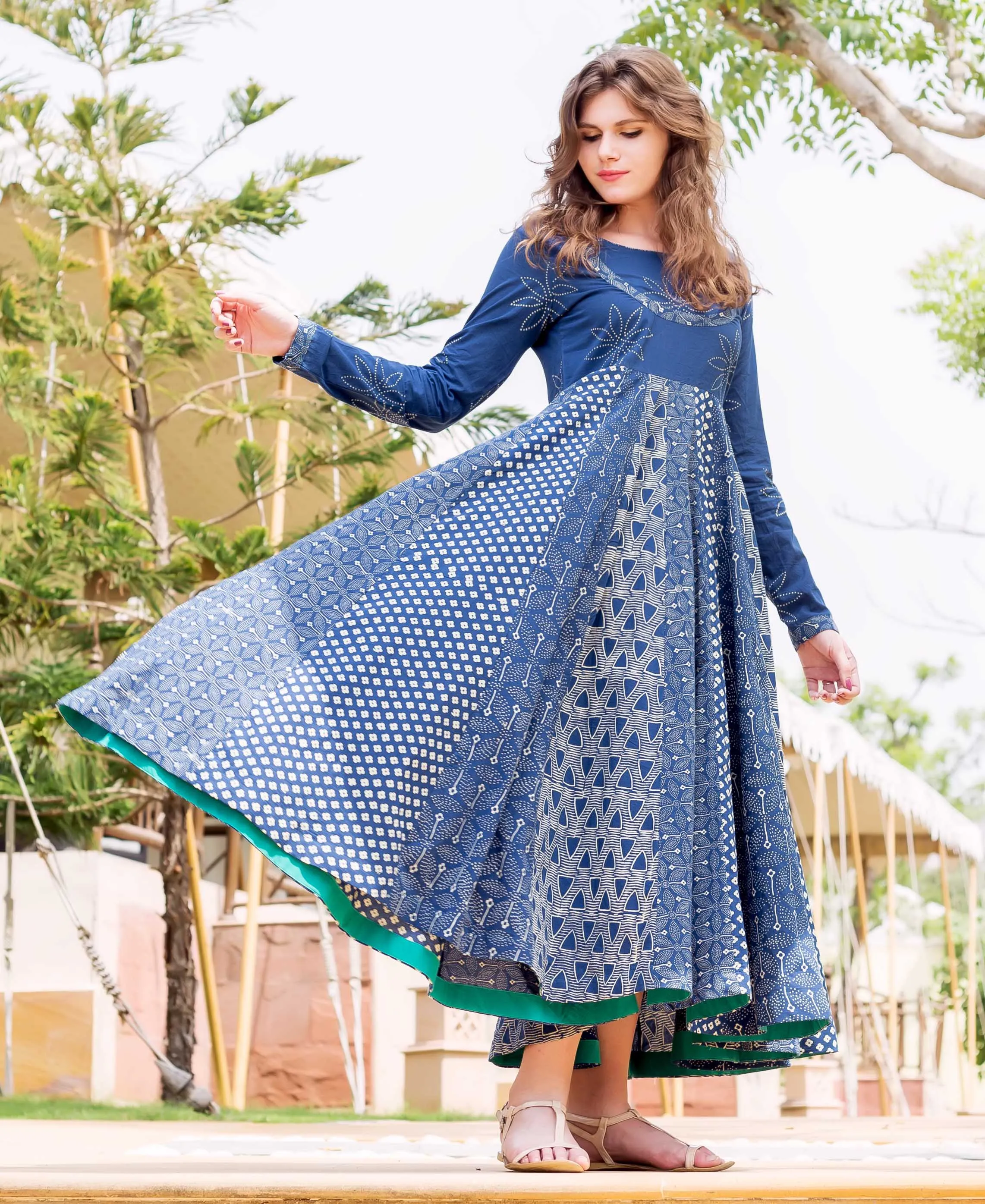 Indigo and WhiteHand Block Printed Flared Long Dress