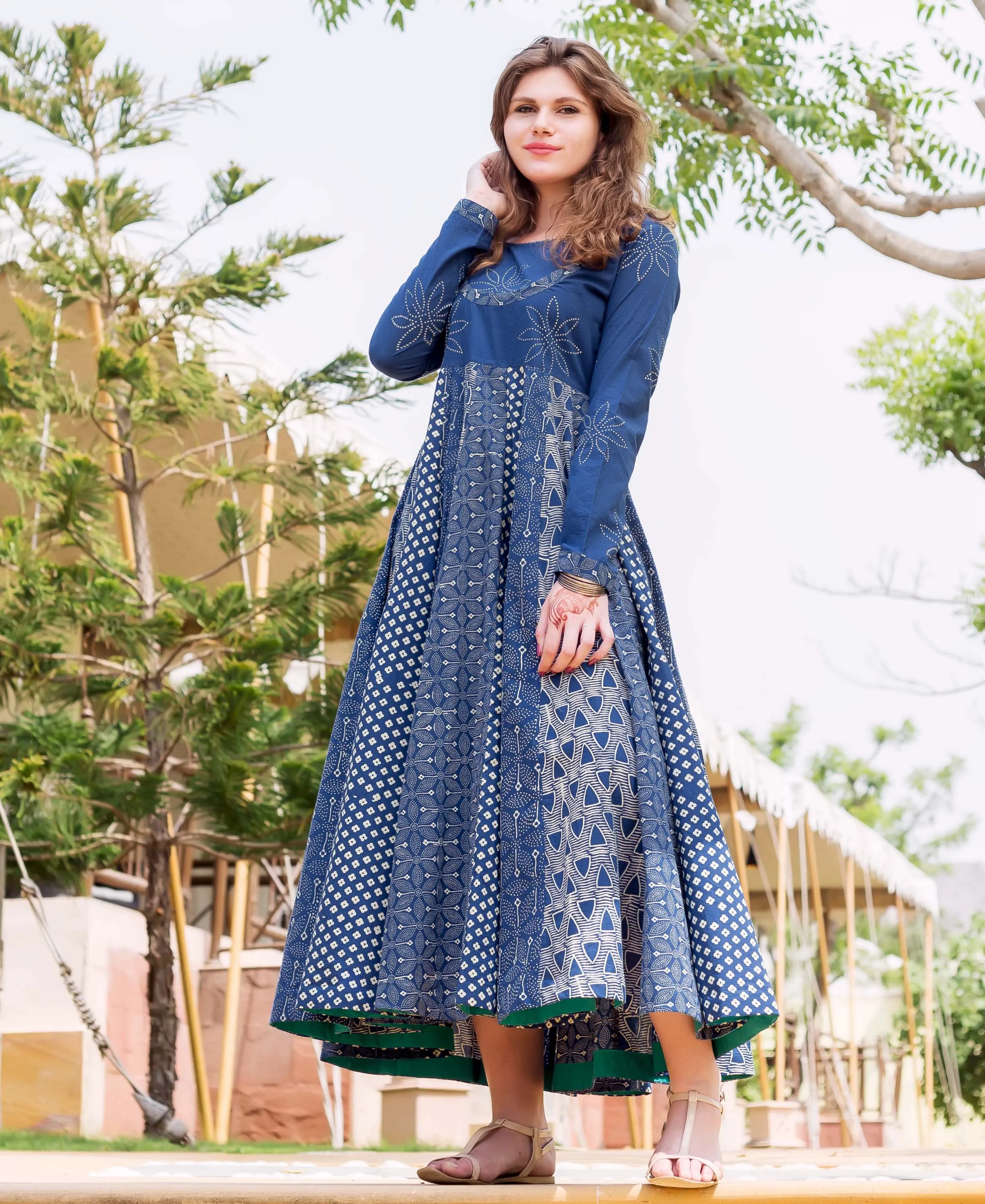 Indigo and WhiteHand Block Printed Flared Long Dress