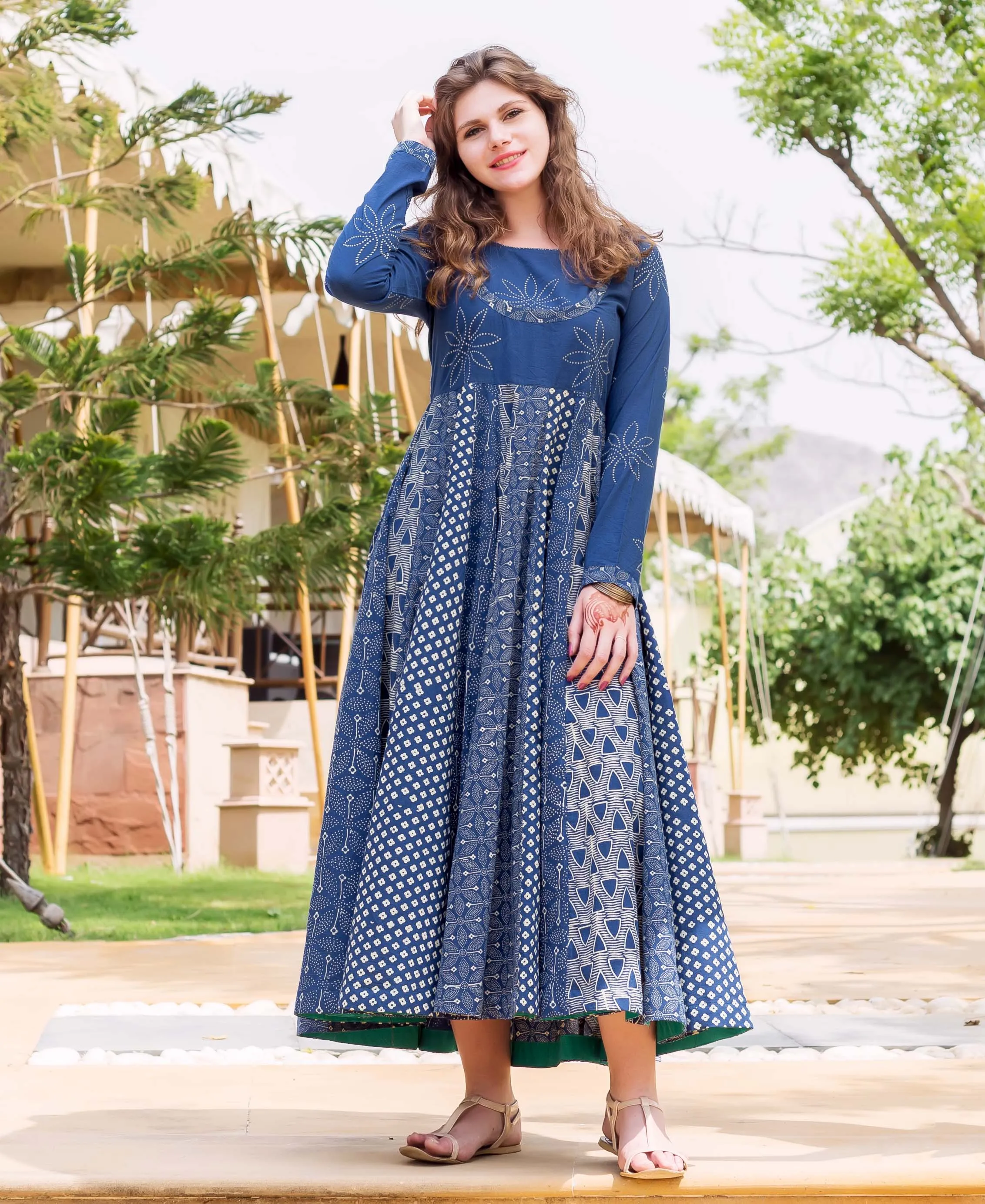 Indigo and WhiteHand Block Printed Flared Long Dress