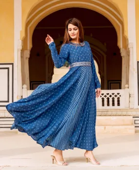 Indigo Bandhej Printed and Embroidered Dress