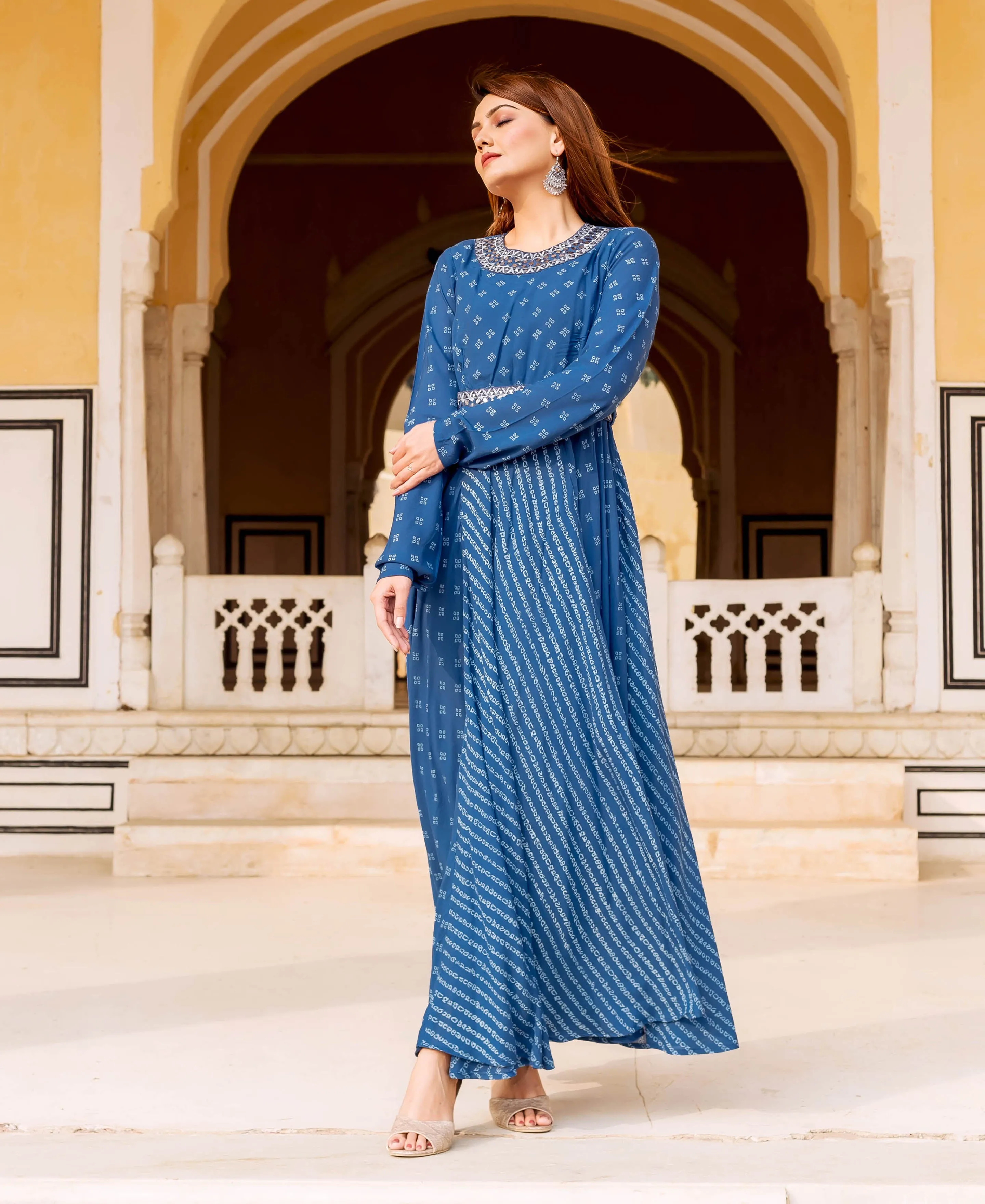 Indigo Bandhej Printed and Embroidered Dress