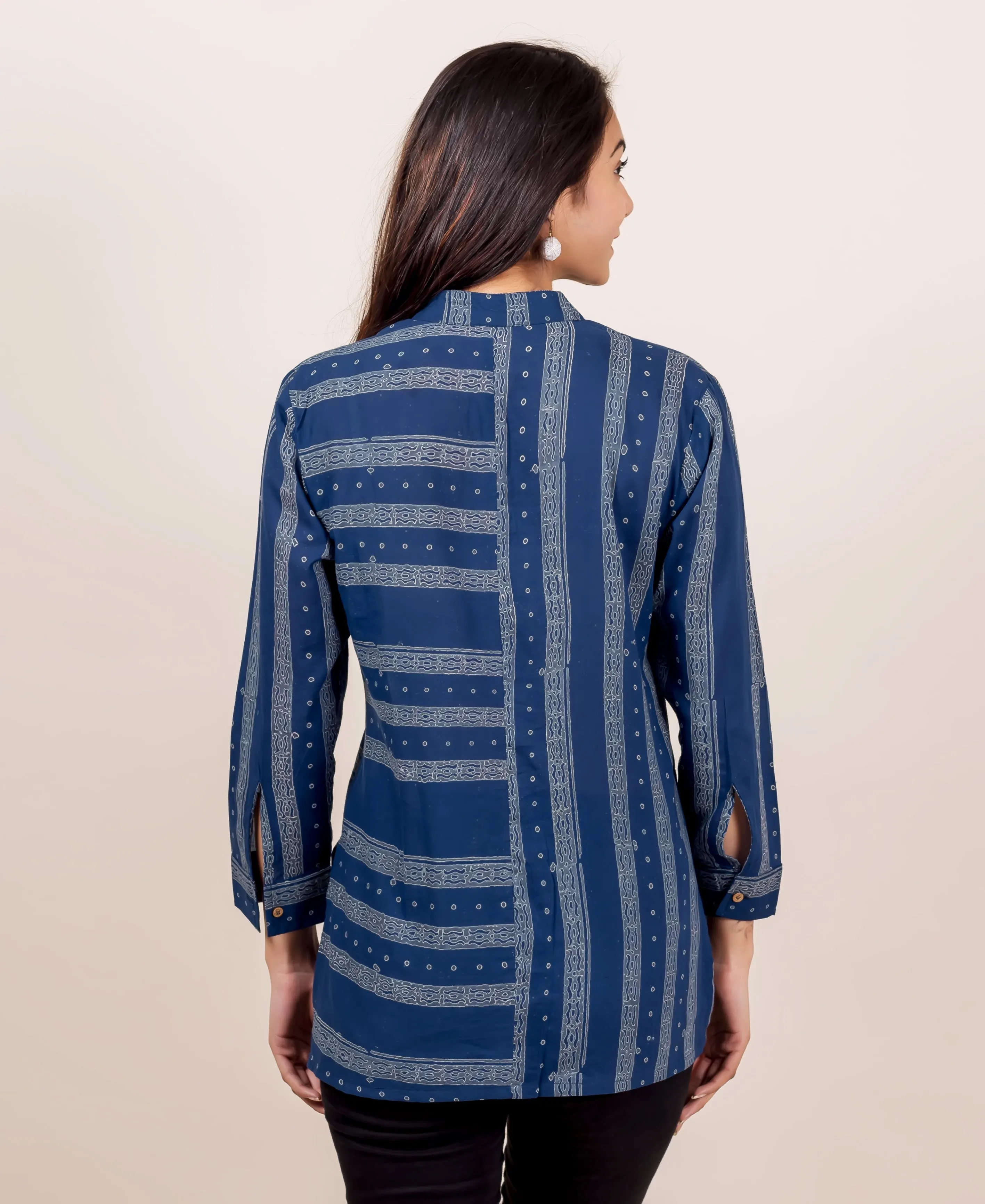 Indigo Block Printed Button Down Shirt