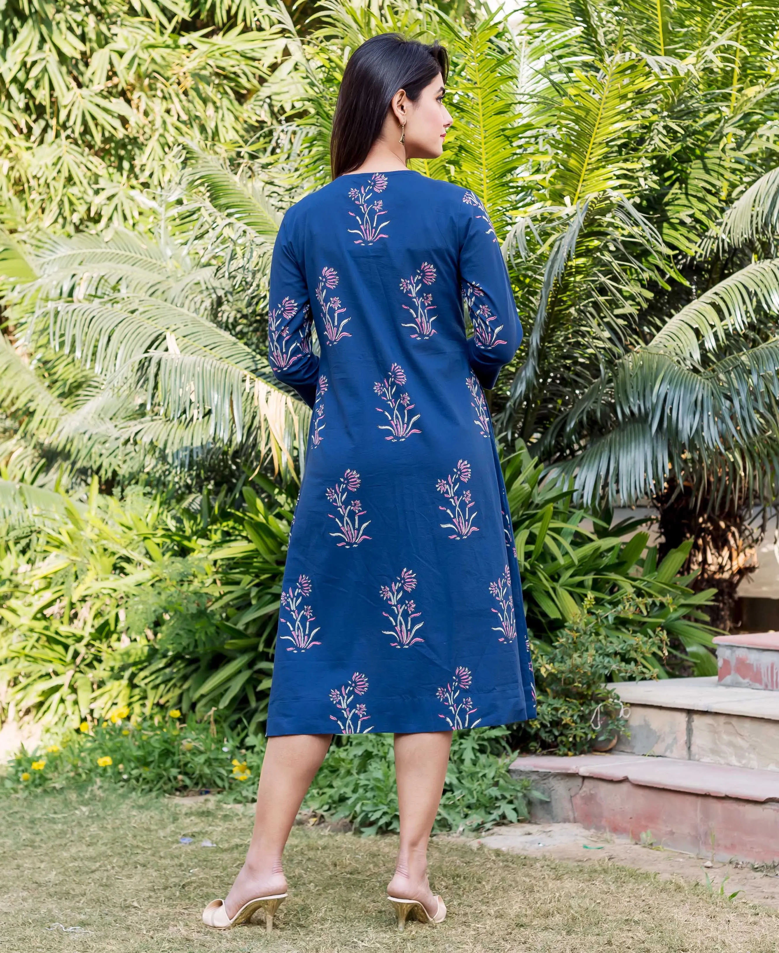 Indigo Block Printed Knee Length Dress