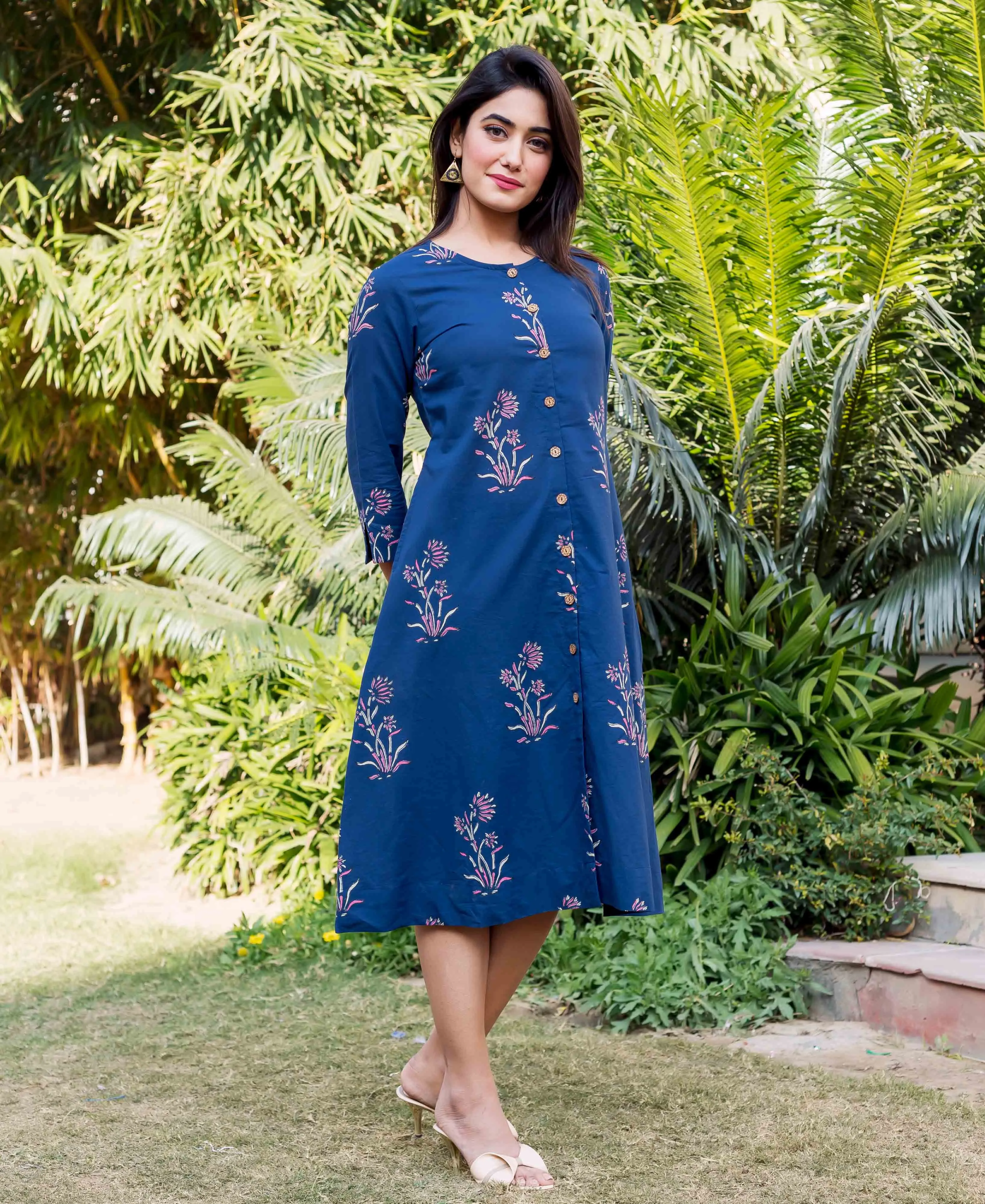 Indigo Block Printed Knee Length Dress