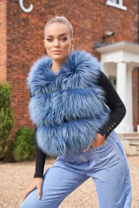 Indigo Blue Three Row Raccoon Fur Gilet