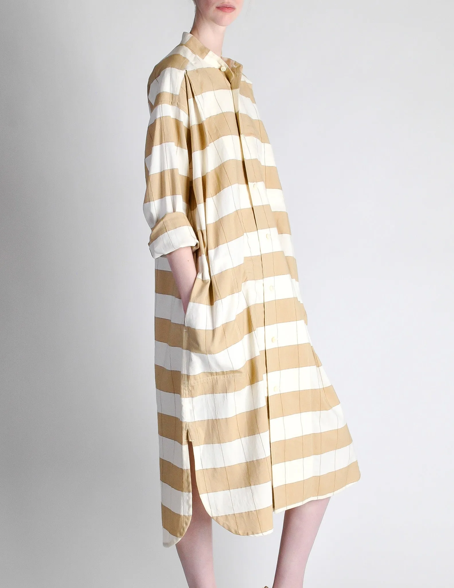 Issey Miyake Plantation Vintage Cream & Beige Striped Shirt Dress