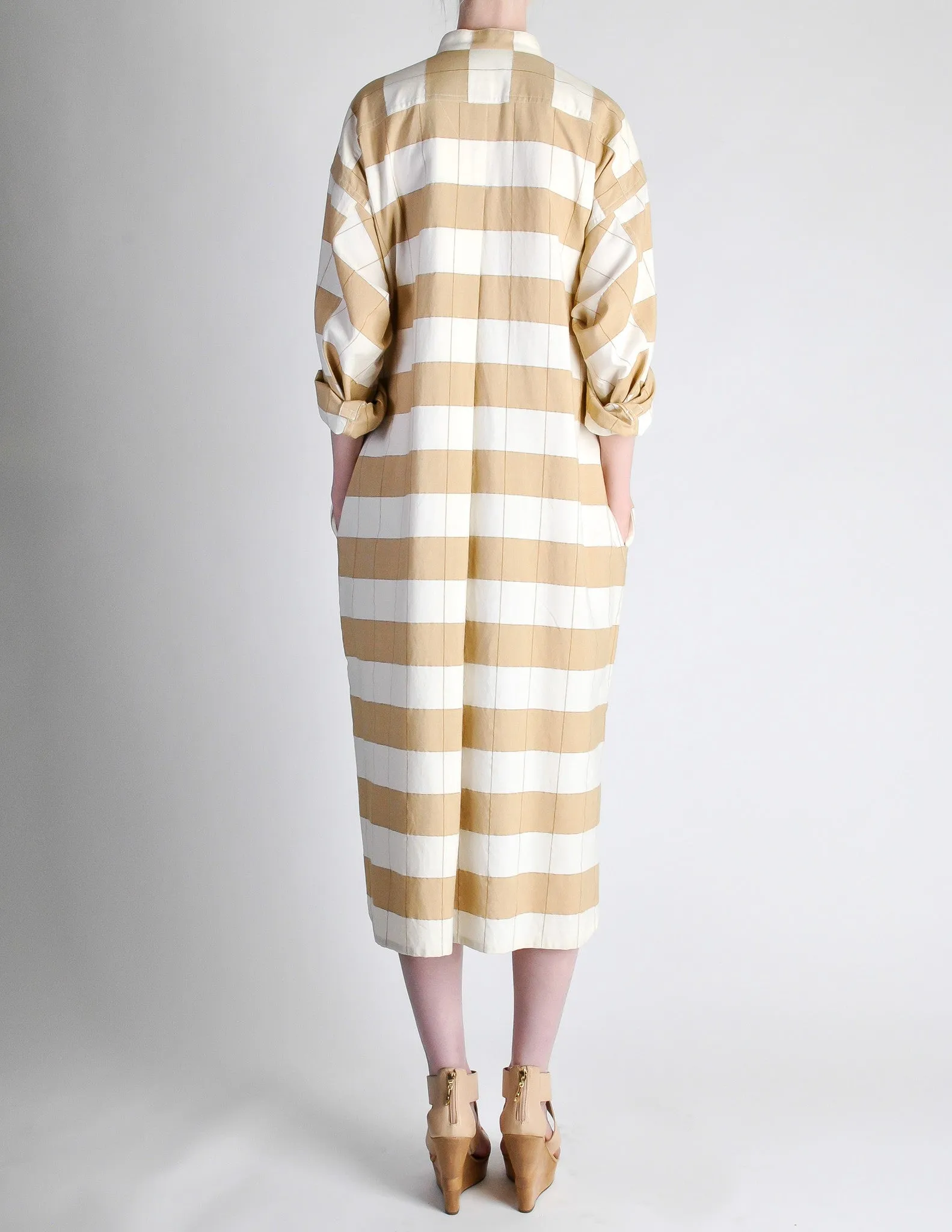 Issey Miyake Plantation Vintage Cream & Beige Striped Shirt Dress