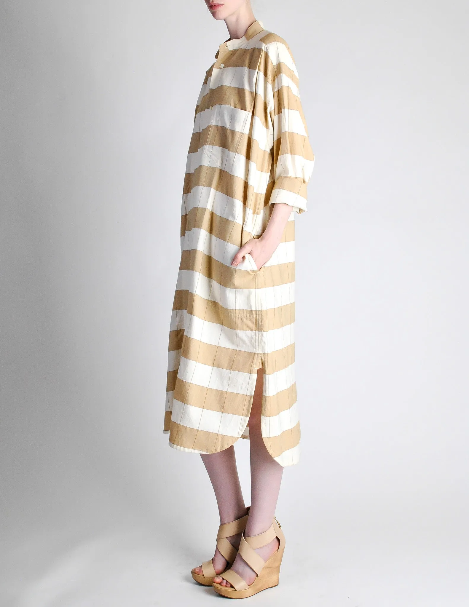 Issey Miyake Plantation Vintage Cream & Beige Striped Shirt Dress