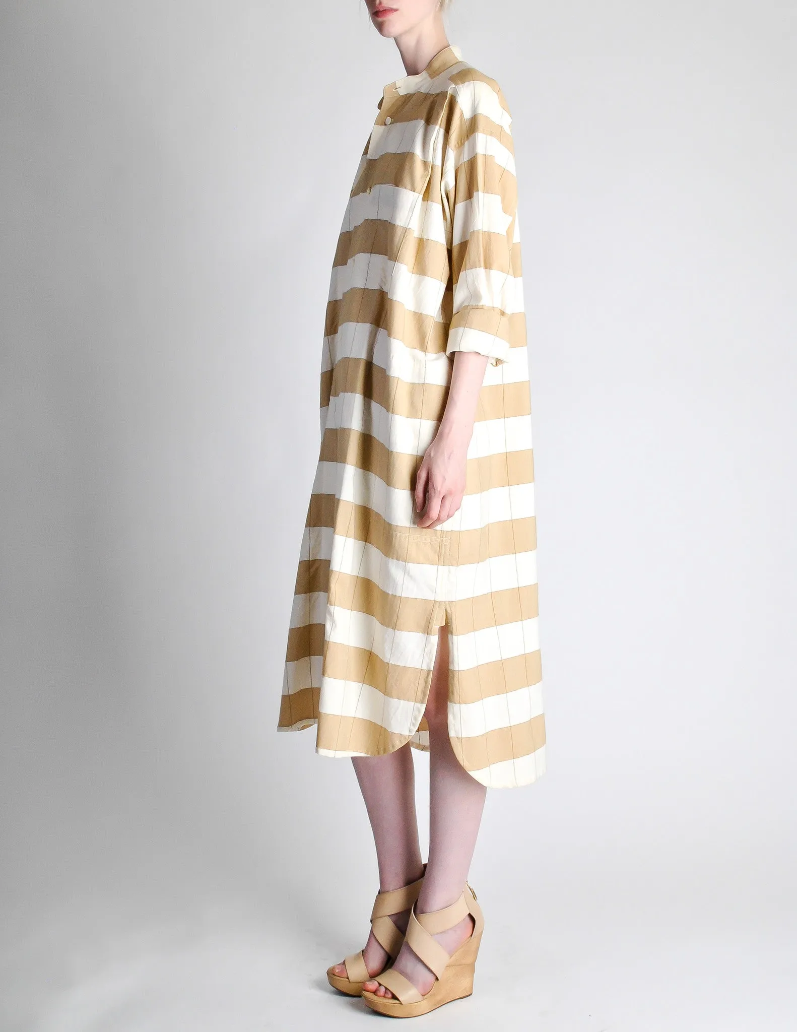 Issey Miyake Plantation Vintage Cream & Beige Striped Shirt Dress