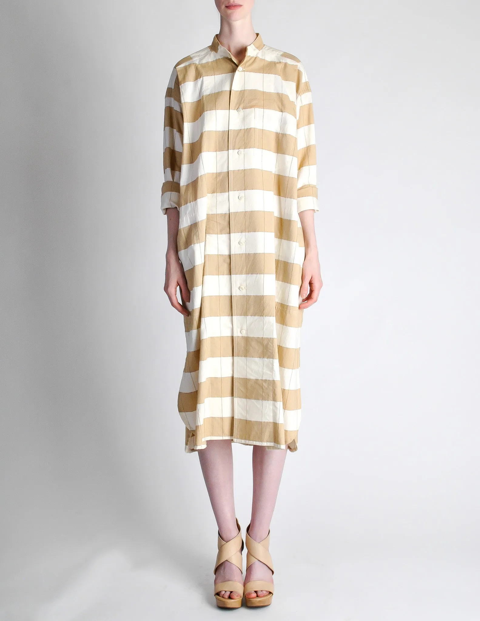 Issey Miyake Plantation Vintage Cream & Beige Striped Shirt Dress