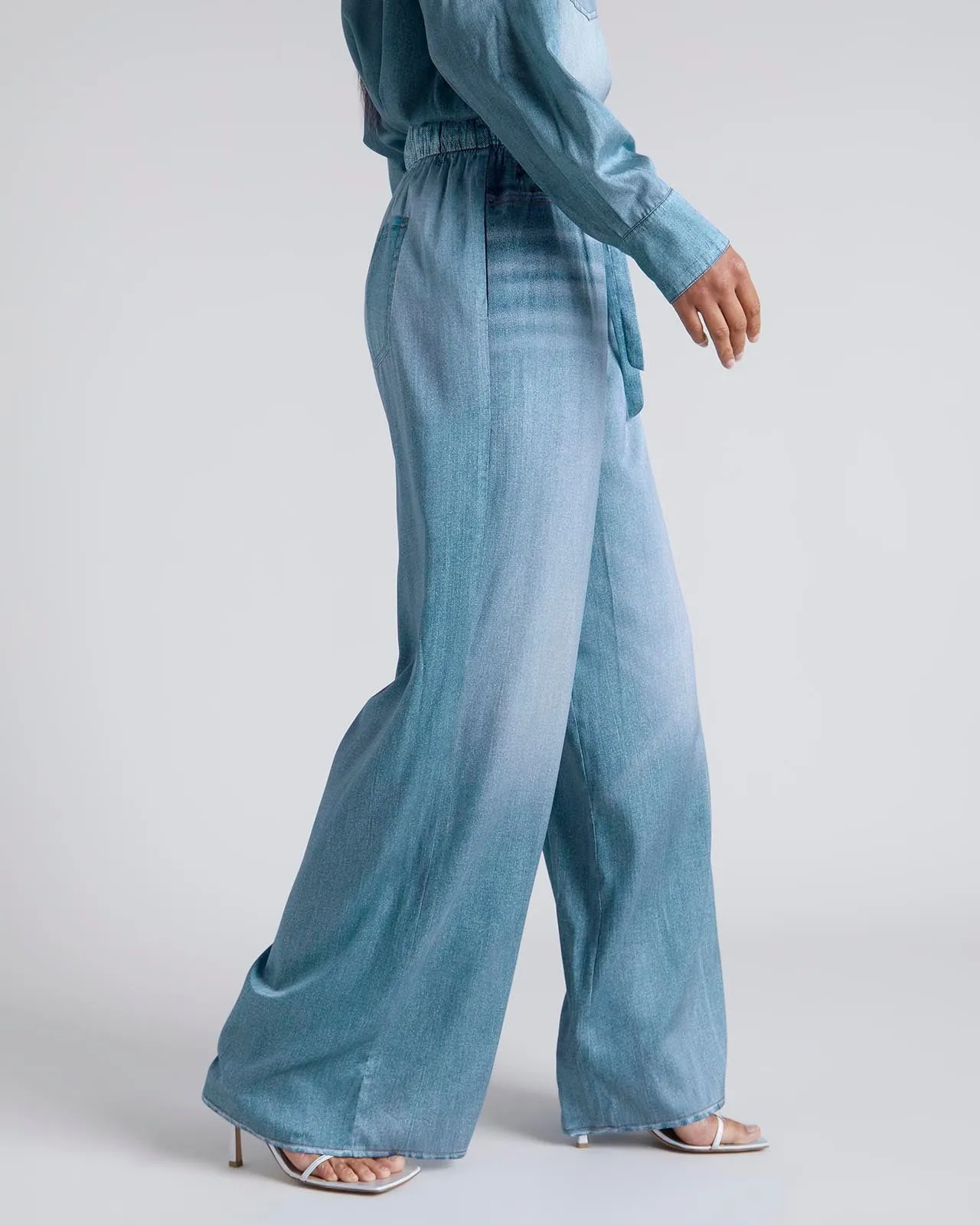 Kate Young x Splendid Silk Wide Leg Denim-Print Pant