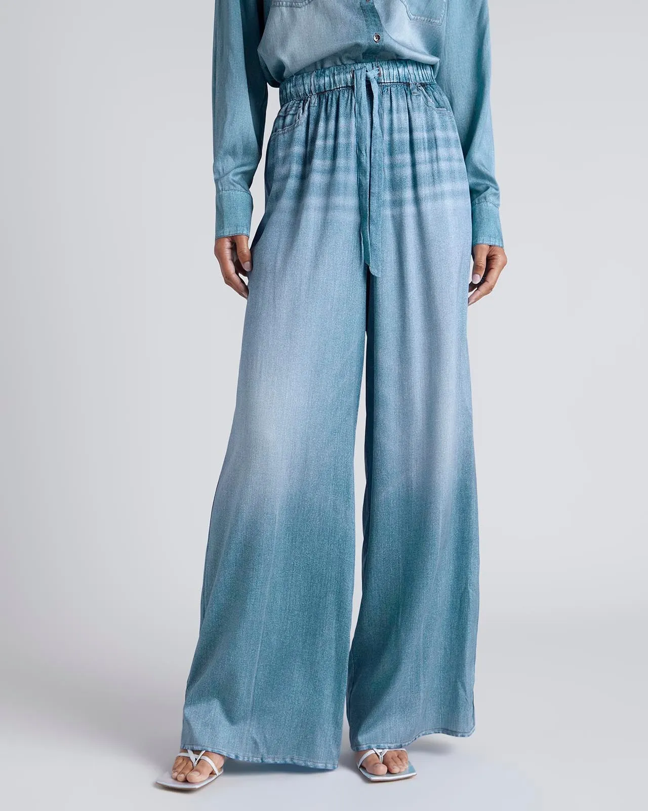 Kate Young x Splendid Silk Wide Leg Denim-Print Pant