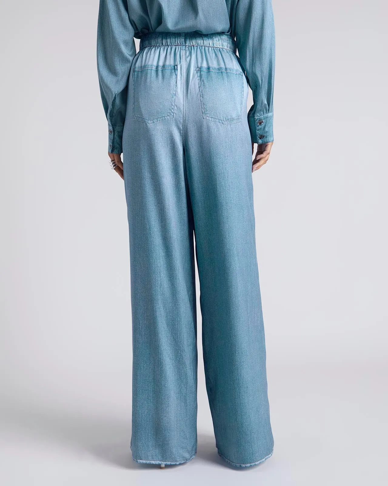 Kate Young x Splendid Silk Wide Leg Denim-Print Pant