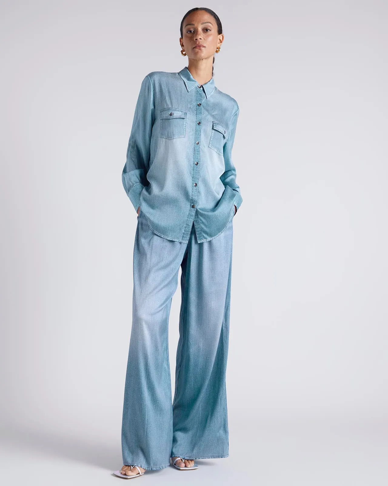 Kate Young x Splendid Silk Wide Leg Denim-Print Pant