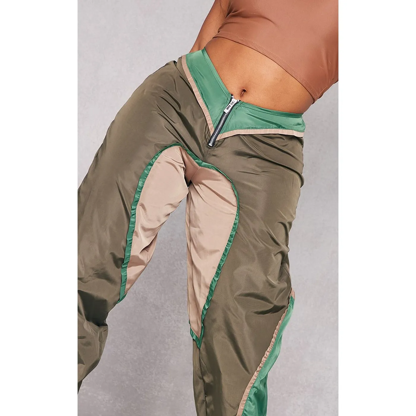 Khaki Contrast Panel V Front Joggers