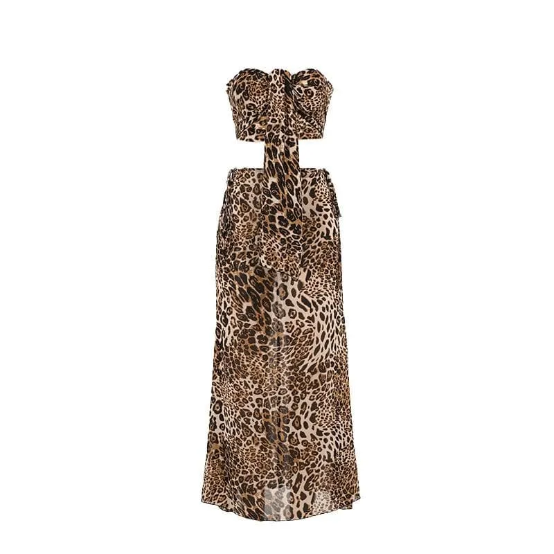 Leopard print knotted self tie tube maxi skirt set