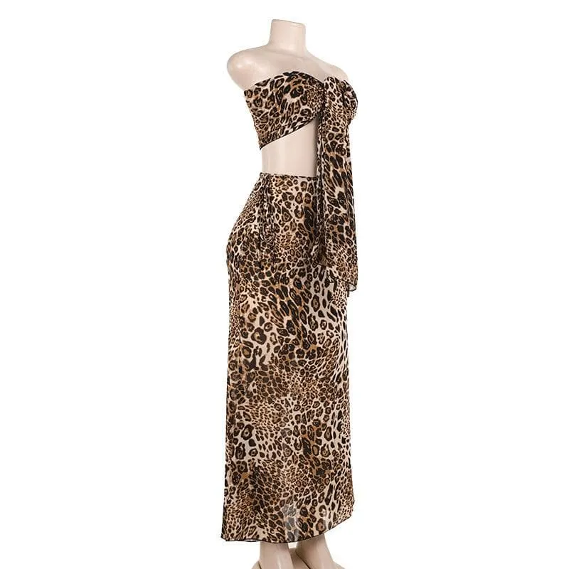 Leopard print knotted self tie tube maxi skirt set