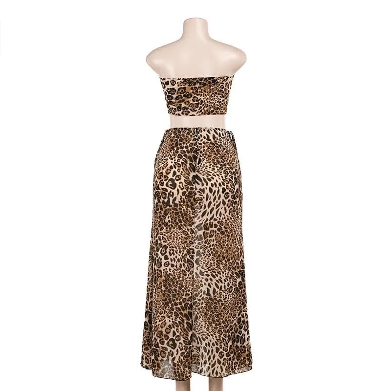 Leopard print knotted self tie tube maxi skirt set