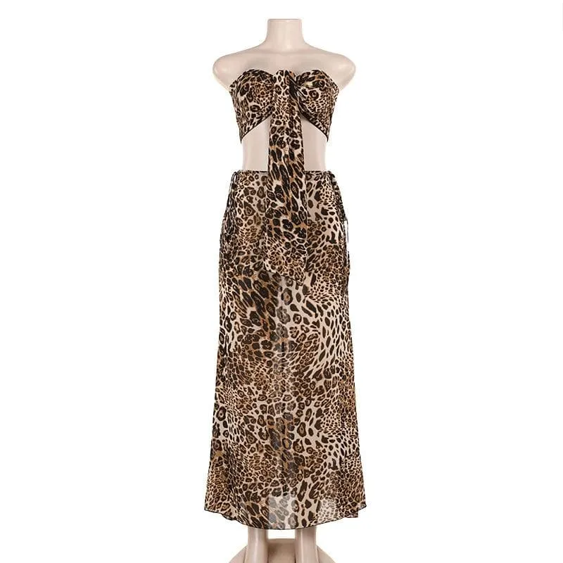 Leopard print knotted self tie tube maxi skirt set